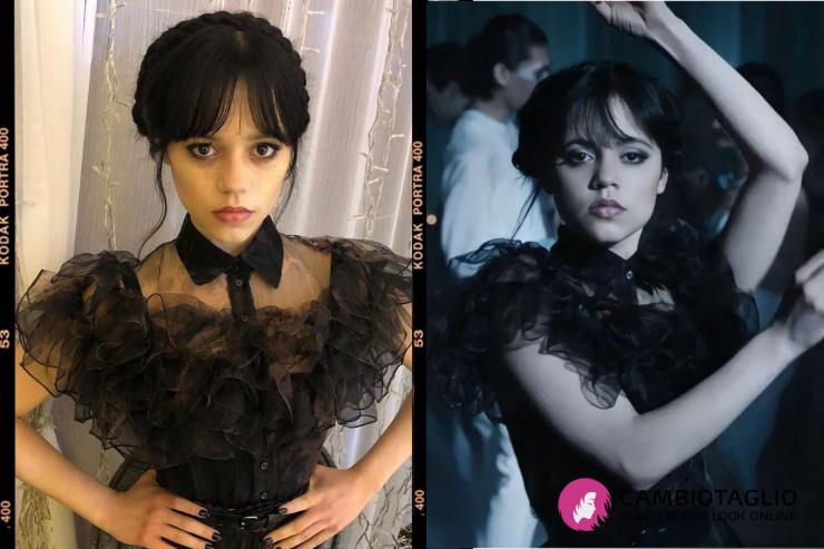 Jenna Ortega Mercoledì acconciatura updo 03-12-2022 cambiotaglio