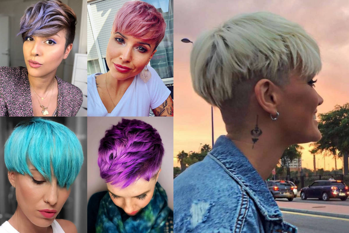 Pixie cut scalati e rasati con diverse colorazioni